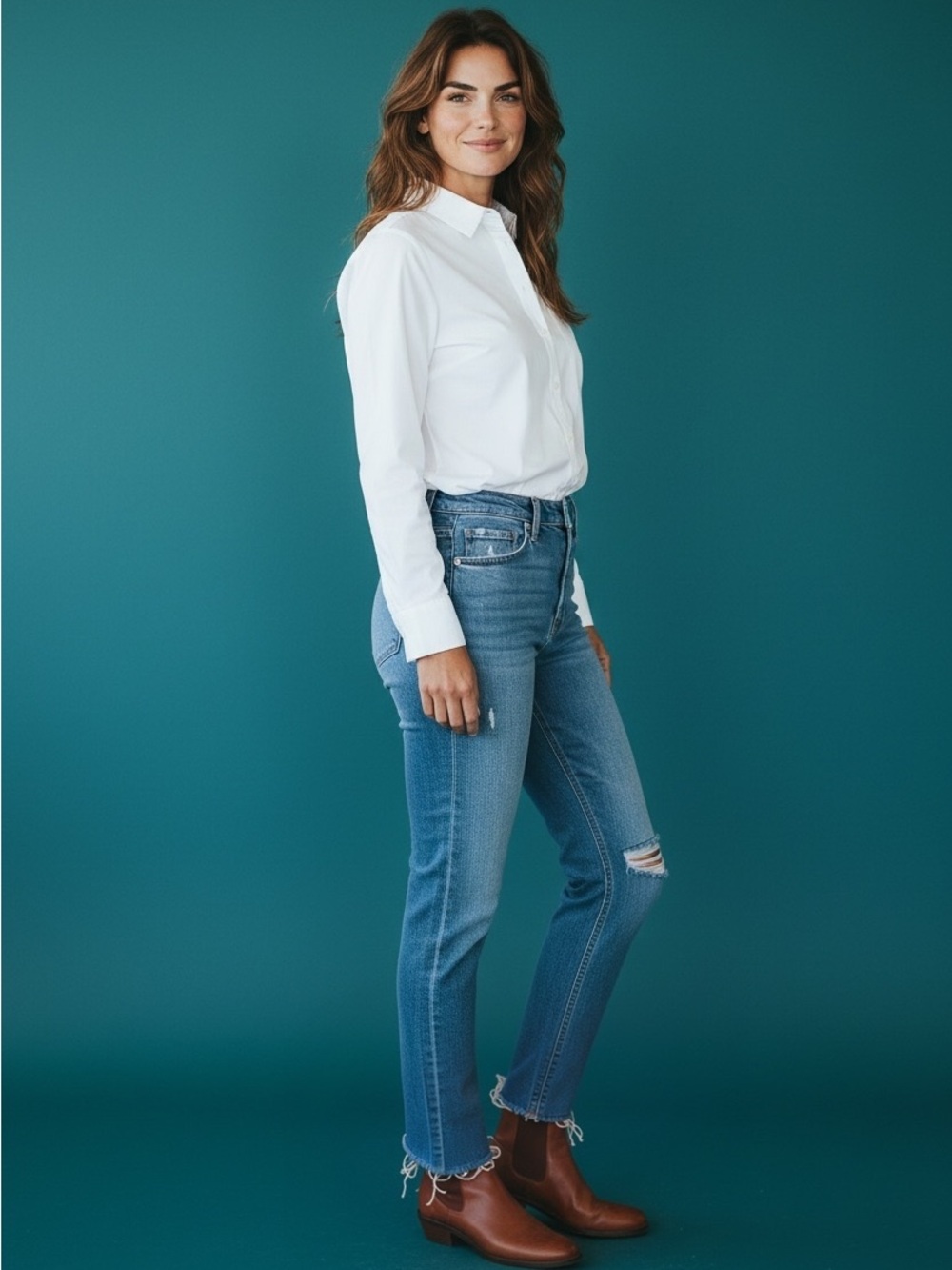 Distressed Skinny Ankle Jeans in Medium Blue